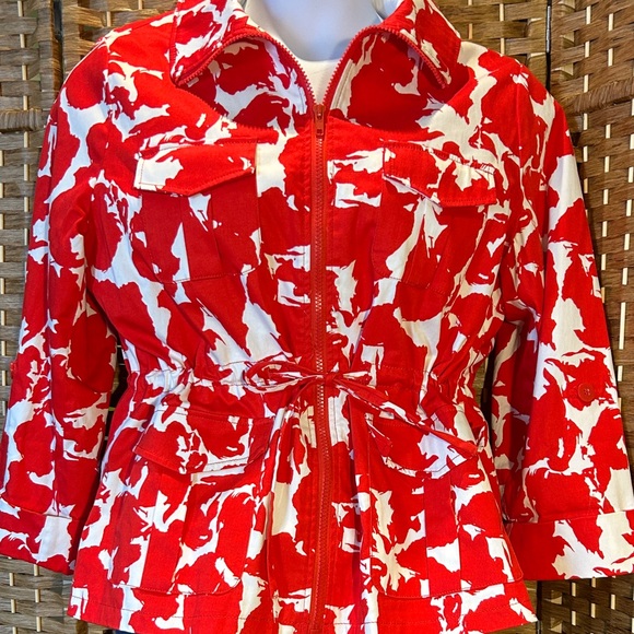 Appraisal Jackets & Blazers - Petite PXL Red White Abstract Print Jacket Zip Front Drawstring Utility